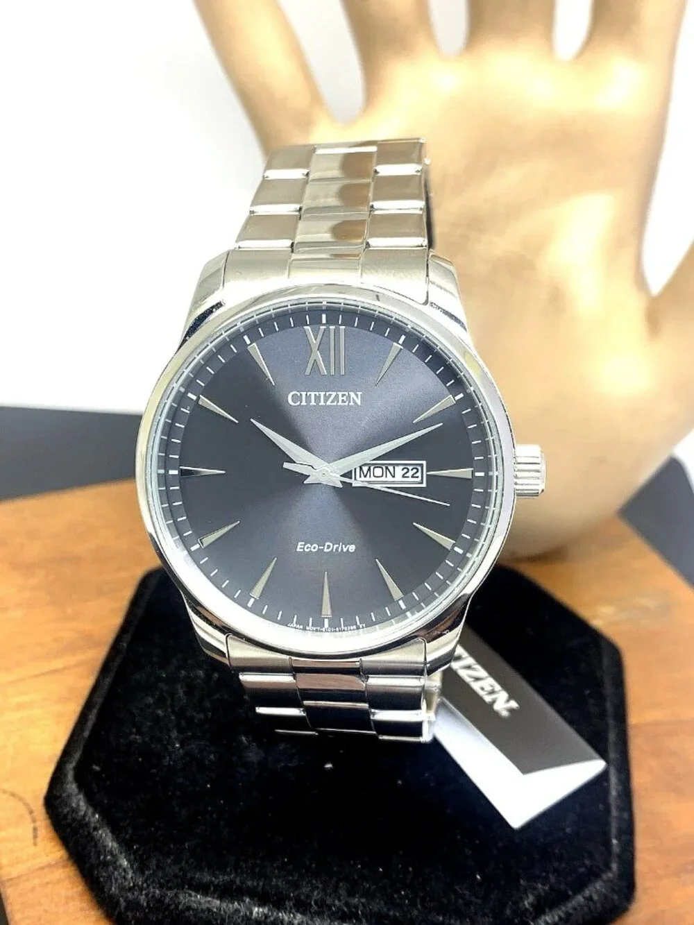 Citizen Men's Watch BM8551-54E Eco Drive Black Dial Day Date Silver Steel 42mm